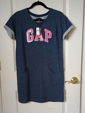 NWT GAP Big Kids Navy Blue Shirt Dresses 100% Cotton with Pink Logo